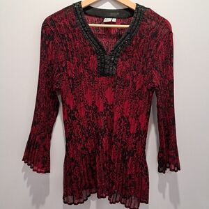 Vintage Y2K Pleated Red & Black Paisley Beaded V-Neck Long Sleeve Top Womens M